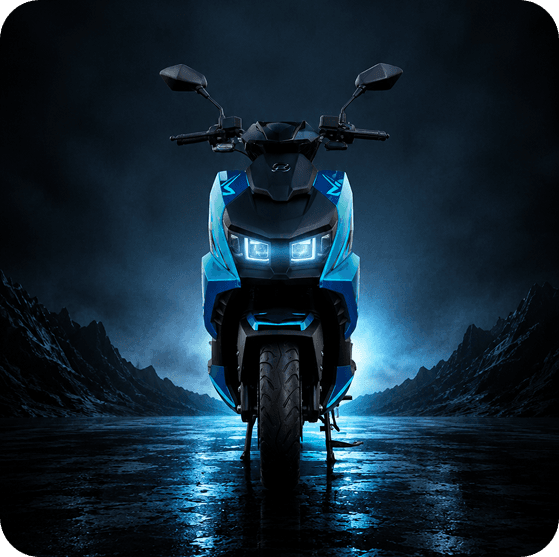 Blue electric scooter viewed from the front